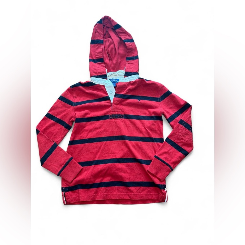 Polo Ralph Lauren Kids Red Black Rugby Striped Hoodie Size 7